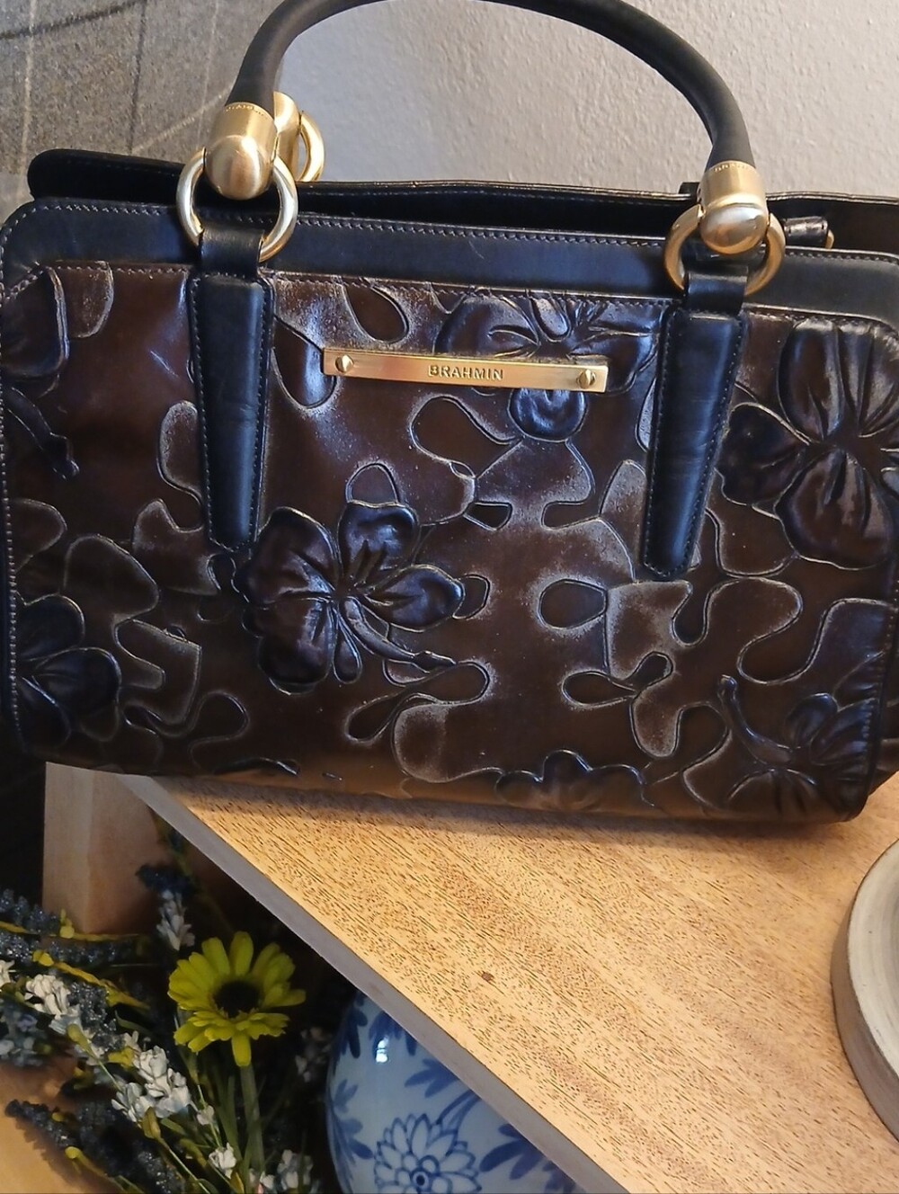 Brahmin Chocolate Brown Floral Embossed Satchel with Gold Hardware